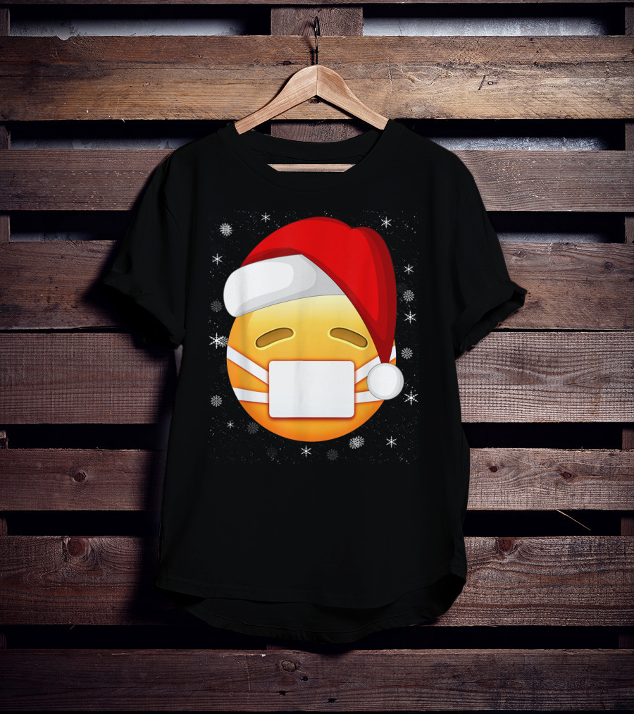 Funny Face With Medical Mask Emojis Santa Hat Snowflakes T-Shirt