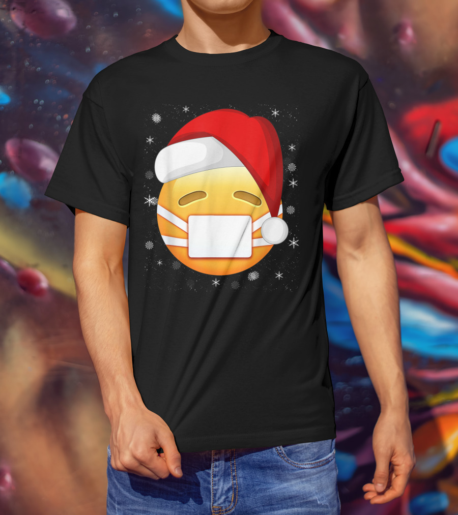 Funny Face With Medical Mask Emojis Santa Hat Snowflakes T-Shirt