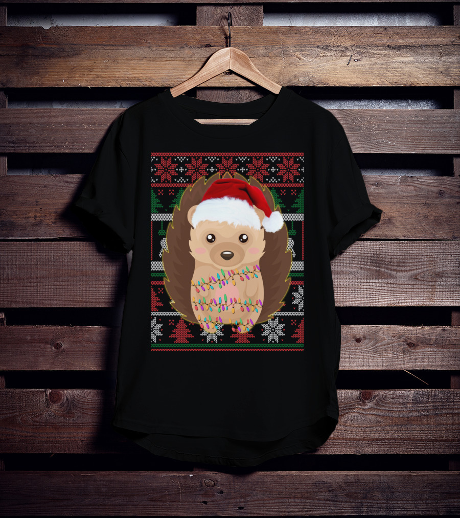 Funny Christmas Hedgehog Ugly Sweater Lights T-Shirt