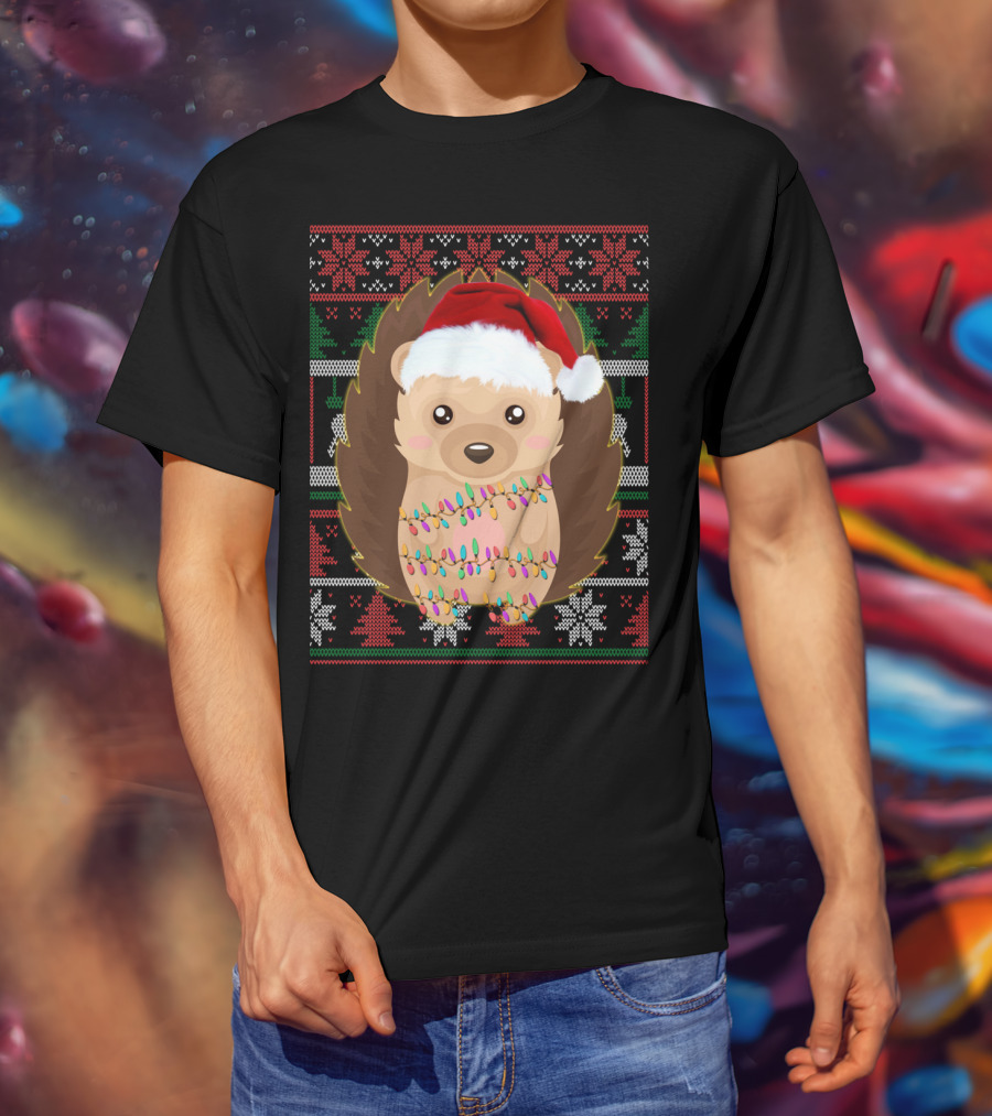 Funny Christmas Hedgehog Ugly Sweater Lights T-Shirt