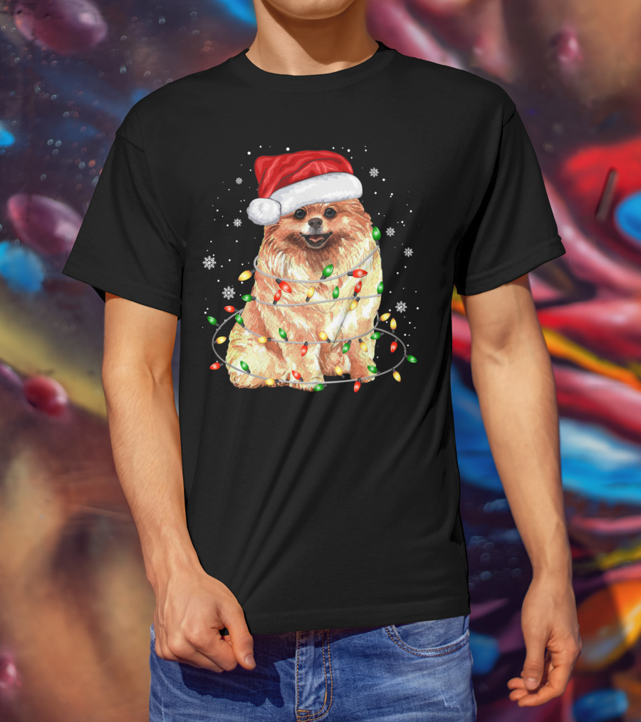 Pomeranian In Santa Hat With Christmas Lights And Snowflakes T-Shirt
