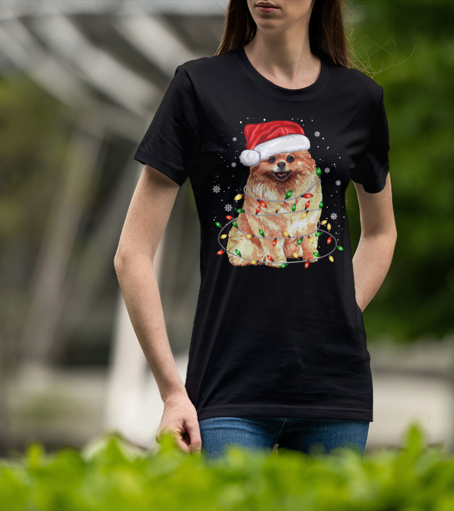 Pomeranian In Santa Hat With Christmas Lights And Snowflakes T-Shirt