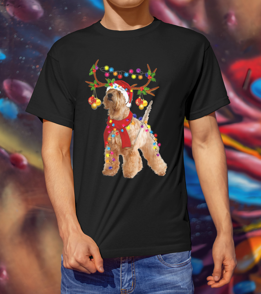 Wheaten Terrier Santa Reindeer With Festive Christmas Lights T-Shirt