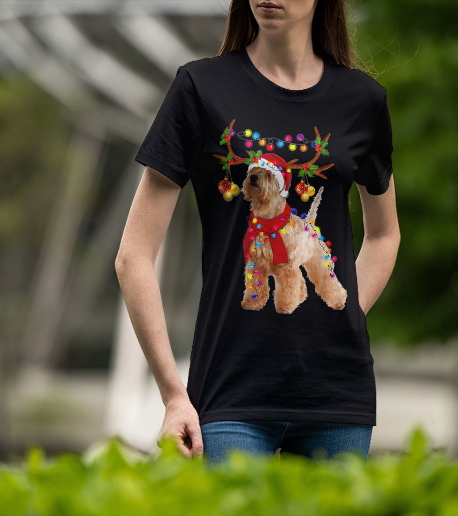 Wheaten Terrier Santa Reindeer With Festive Christmas Lights T-Shirt