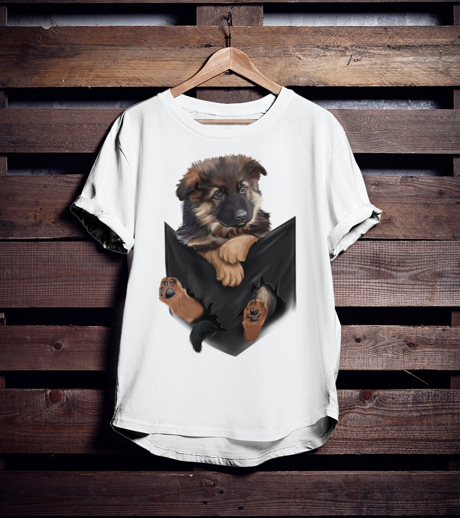 German Shepherd Puppy In Black Pocket T-Shirt