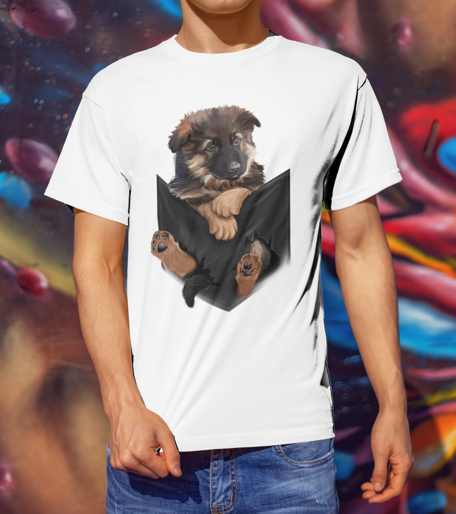 German Shepherd Puppy In Black Pocket T-Shirt