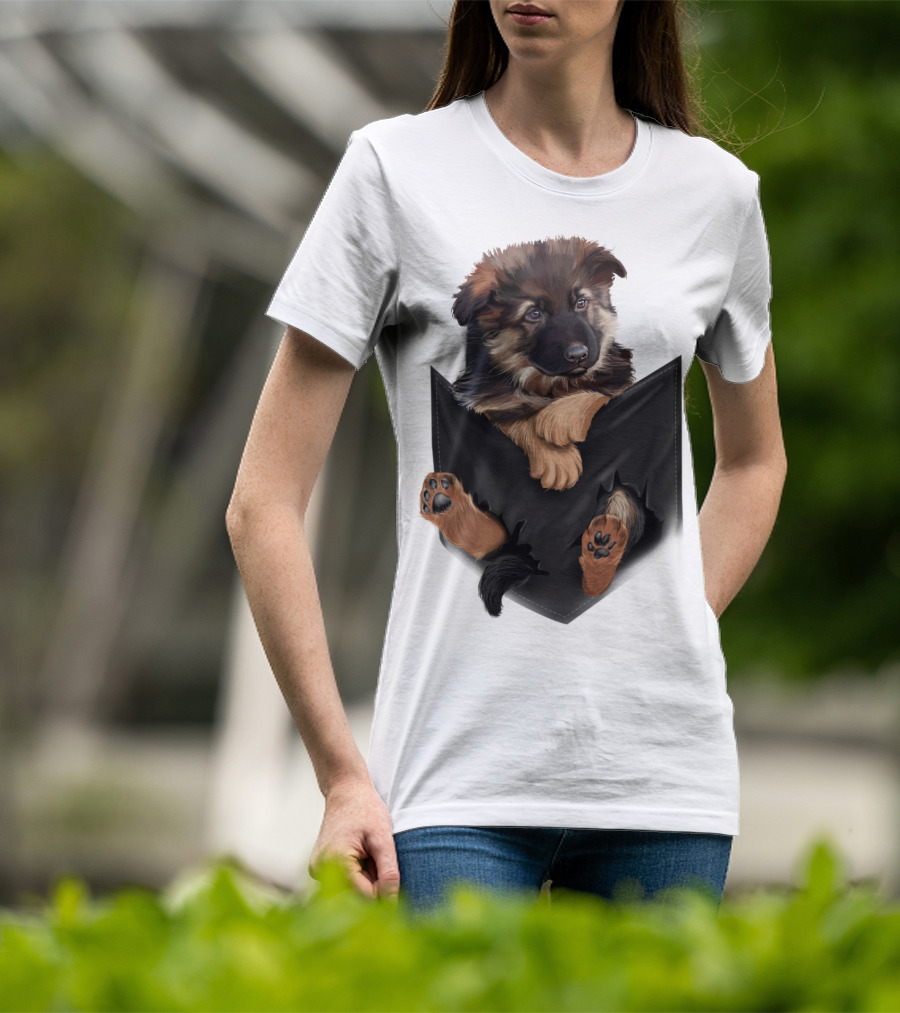 German Shepherd Puppy In Black Pocket T-Shirt