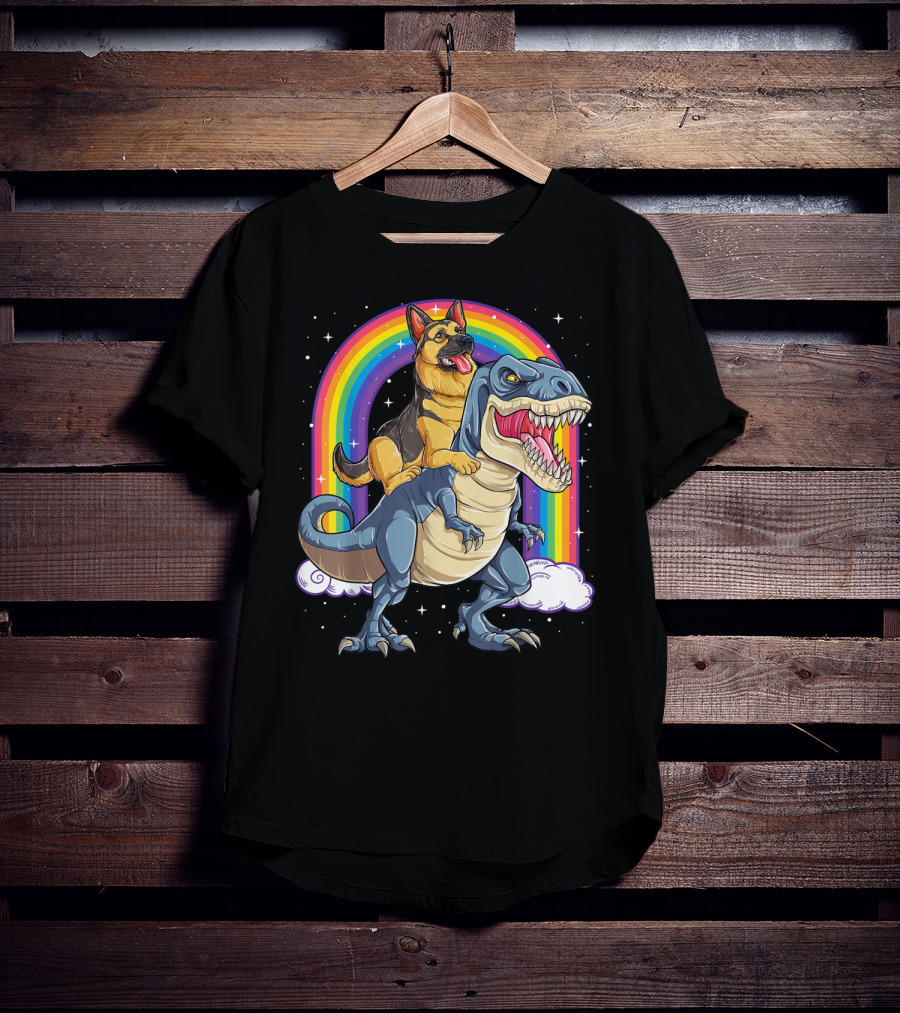 German Shepherd Riding Dinosaur Rex With Rainbow And Stars T-Shirt