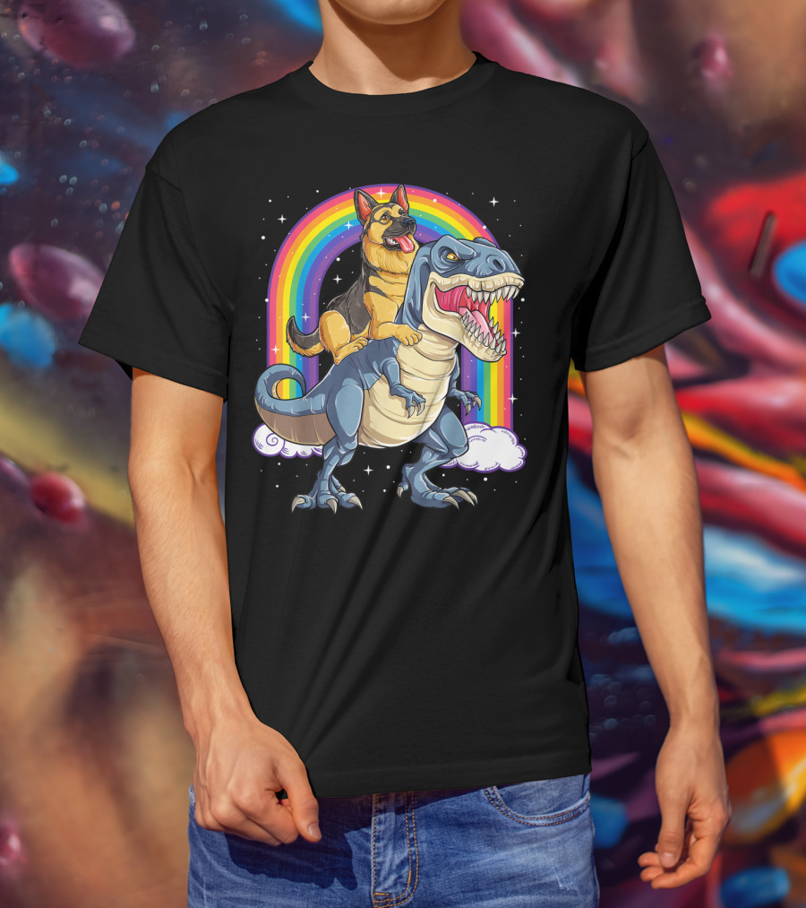 German Shepherd Riding Dinosaur Rex With Rainbow And Stars T-Shirt