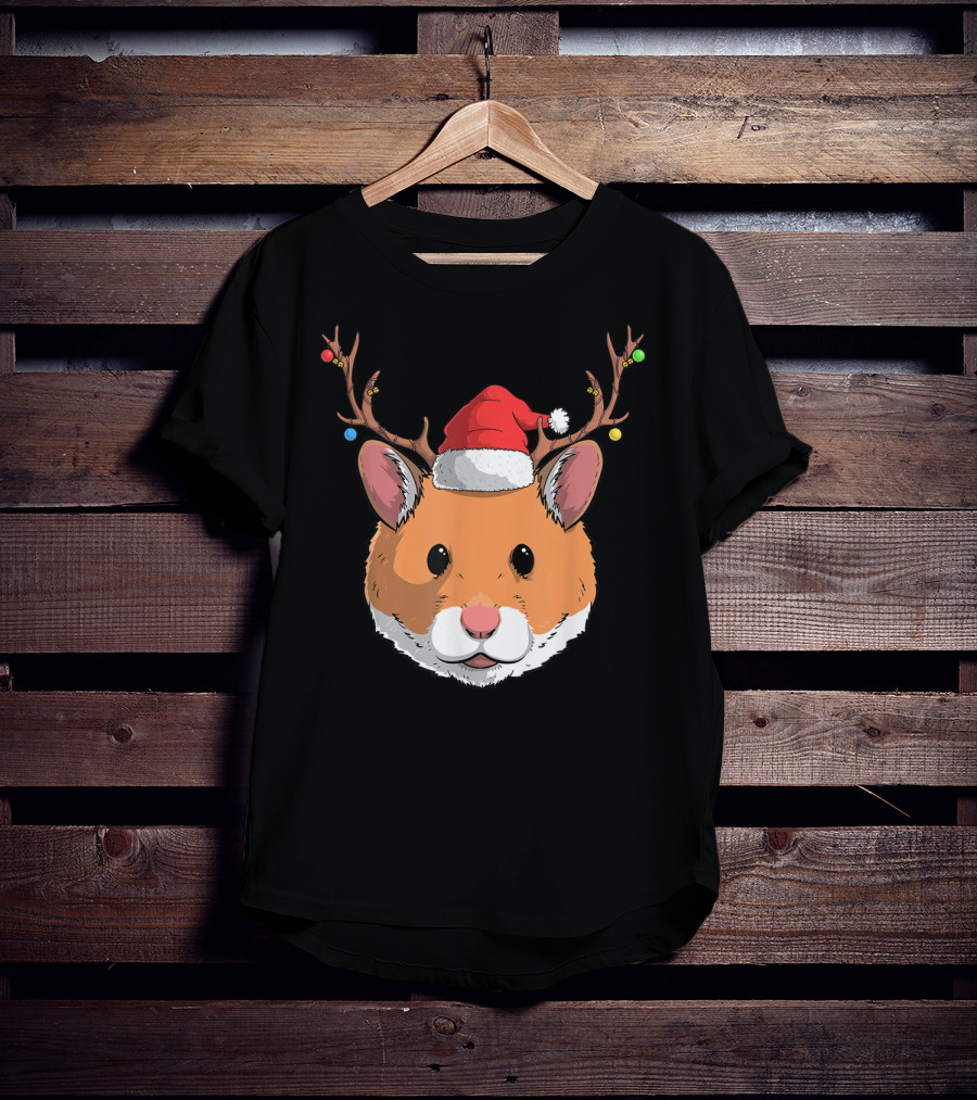 Hamster With Santa Claus Hat And Reindeer Antlers Christmas Holiday T-Shirt
