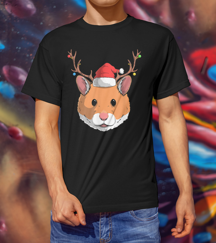 Hamster With Santa Claus Hat And Reindeer Antlers Christmas Holiday T-Shirt