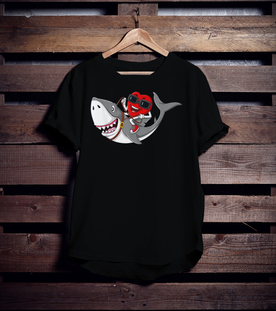 Heart Riding Shark Valentine's Day Adventure T-Shirt