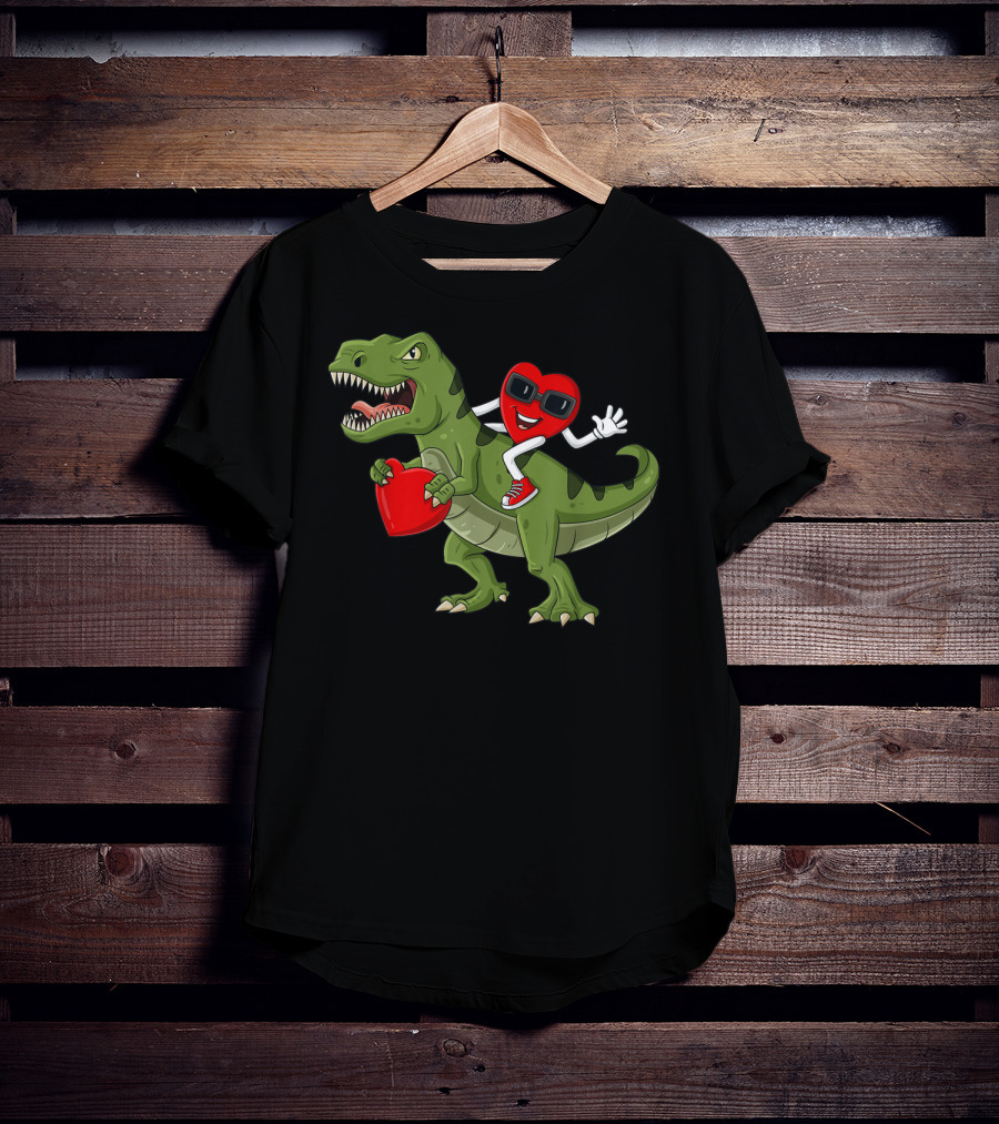 Heart Riding T-Rex Holding Valentines Day Hearts T-Shirt