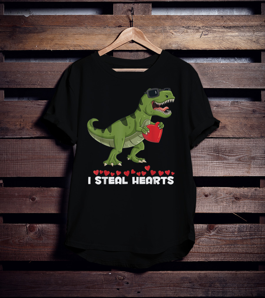 I Steal Hearts Dinosaur With Sunglasses Holding Red Heart Valentines Day T-Shirt
