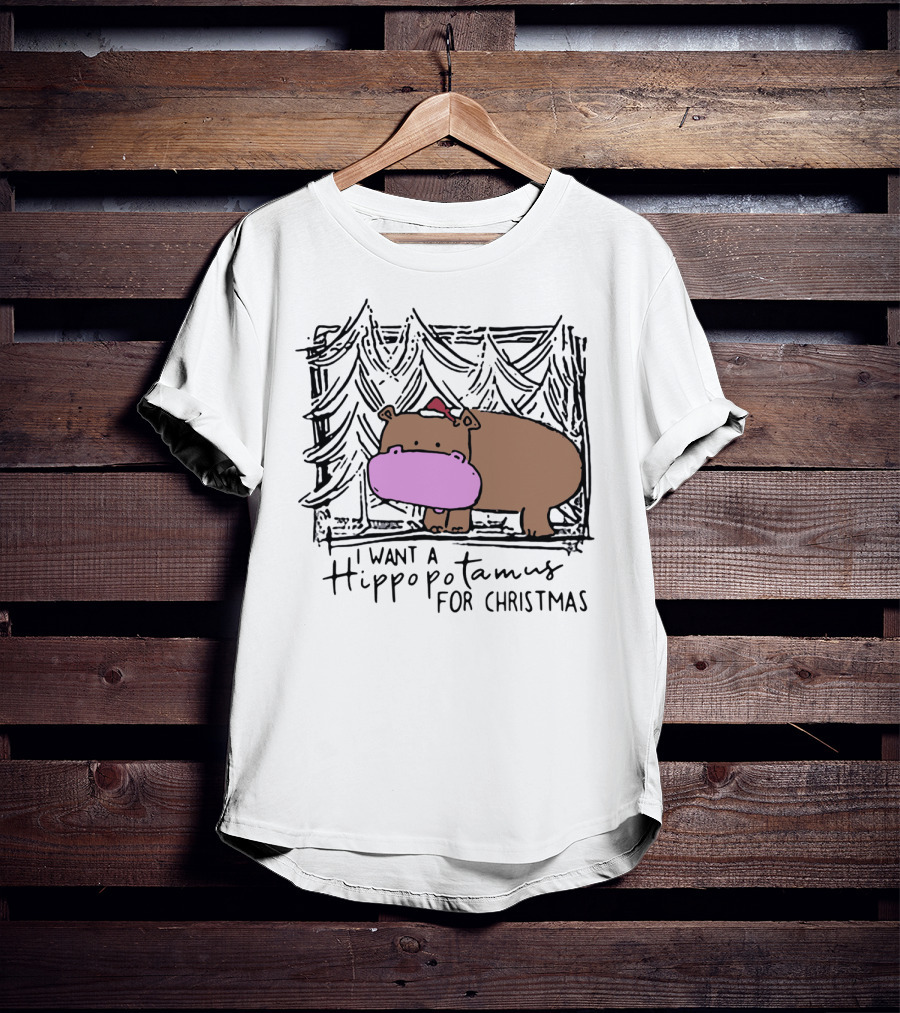I Want A Hippopotamus For Christmas Hippo Santa Hat Festive T-Shirt