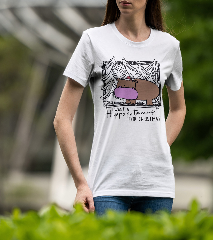 I Want A Hippopotamus For Christmas Hippo Santa Hat Festive T-Shirt