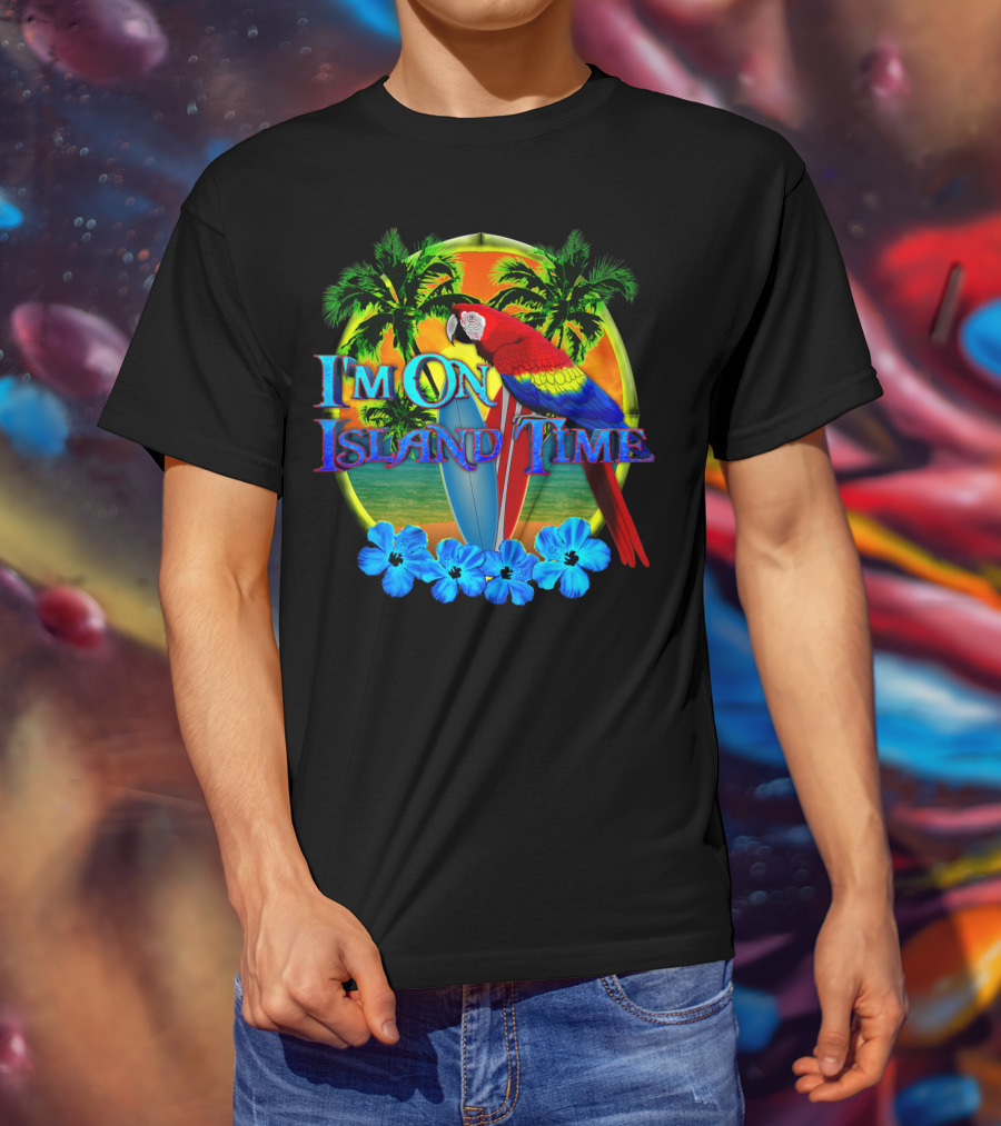 I'm On Island Time Parrot With Surfboards And Palm Trees Tropical Beach T-Shirt