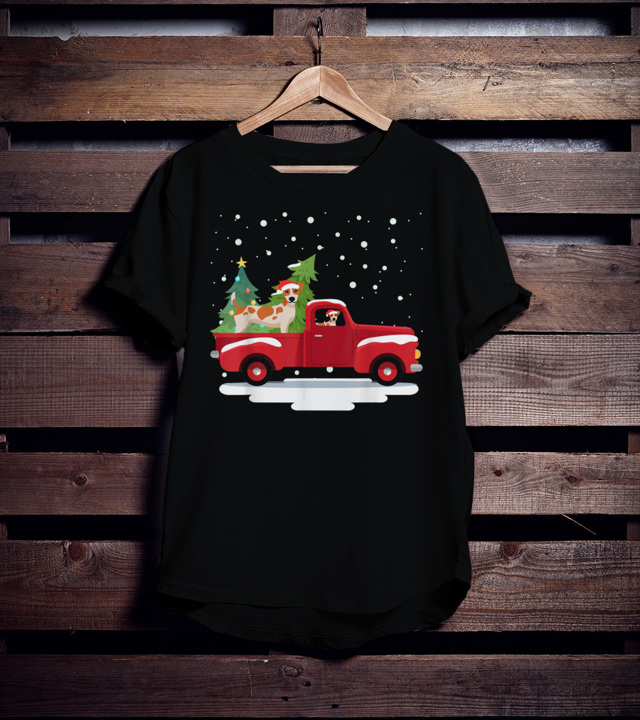 Jack Russell Terrier Santa Christmas Truck Holiday Scene Snowflakes And Trees T-Shirt
