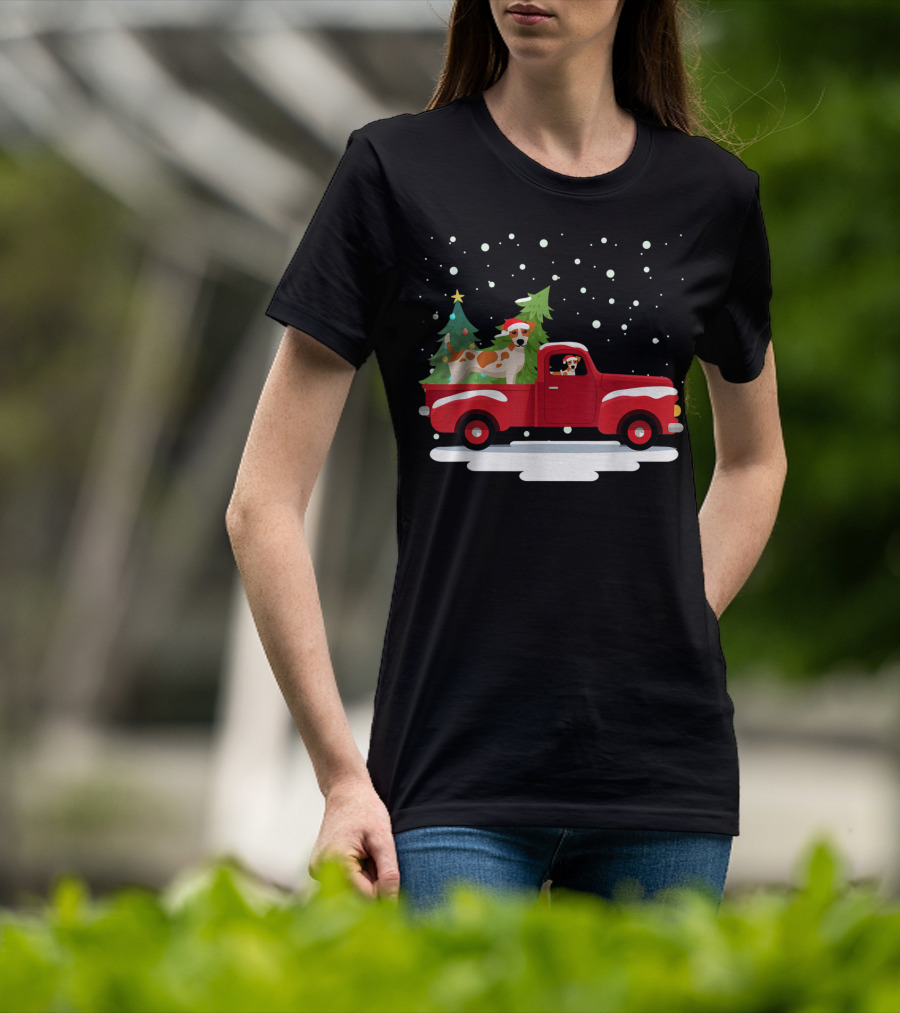 Jack Russell Terrier Santa Christmas Truck Holiday Scene Snowflakes And Trees T-Shirt