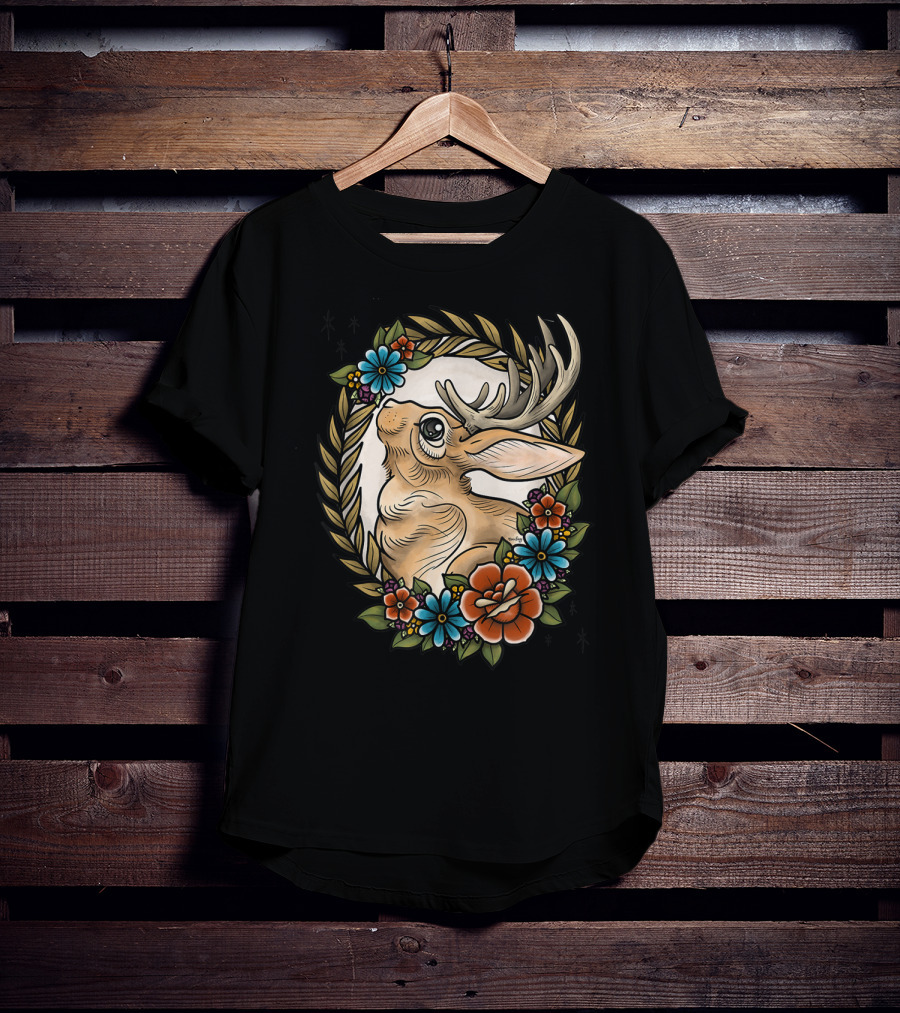 Jackalope Surrounded By Colorful Flowers And Leaves T-Shirt