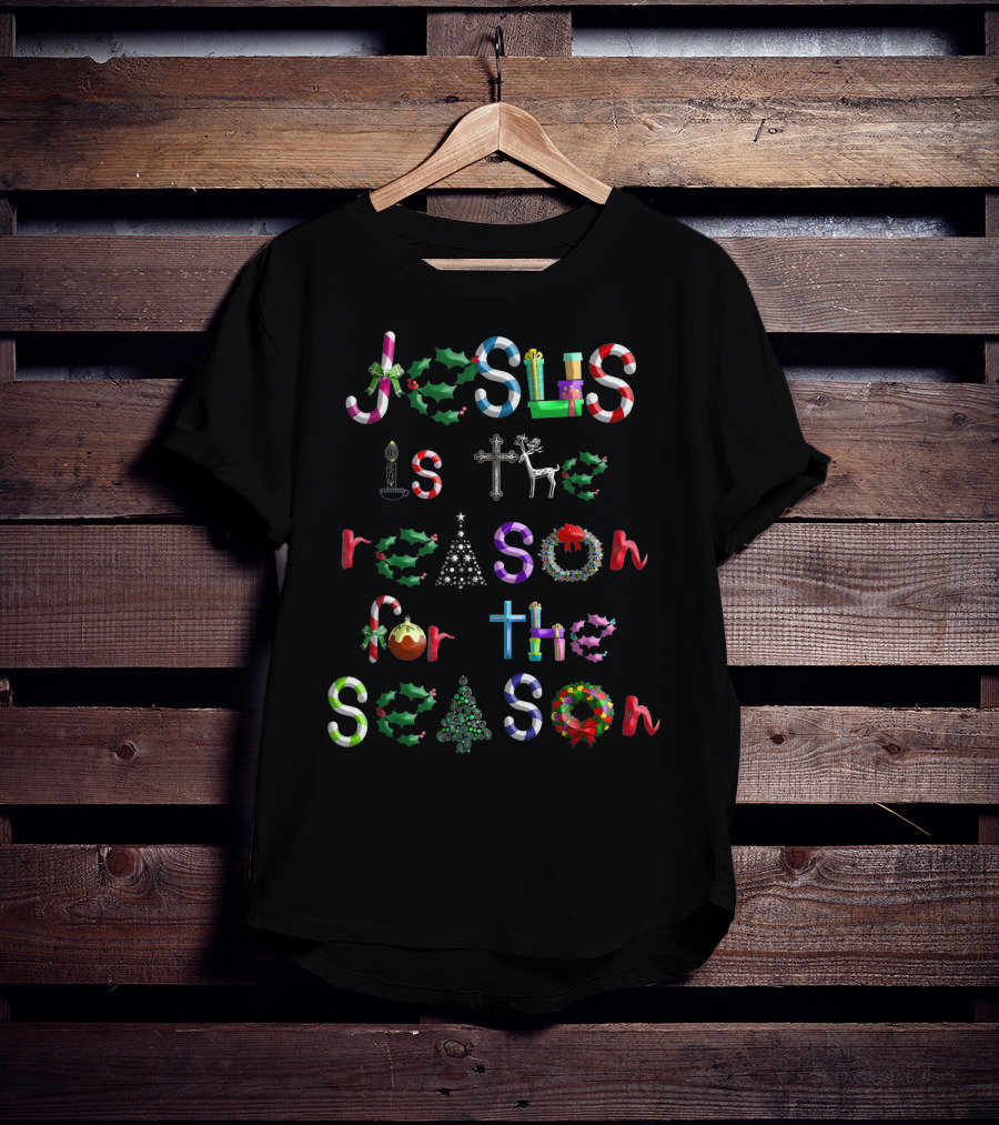 Jesus Is The Reason For The Season Christmas Symbols Candy Canes Holly Cross Reindeer Tree Bow T-Shirt