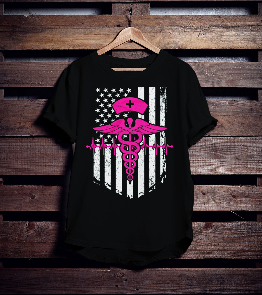 Nurse Pink Caduceus With USA Flag And Heartbeat T-Shirt