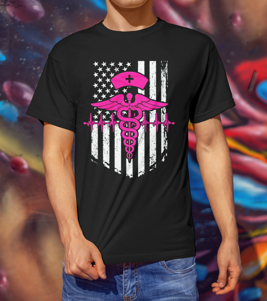 Nurse Pink Caduceus With USA Flag And Heartbeat T-Shirt
