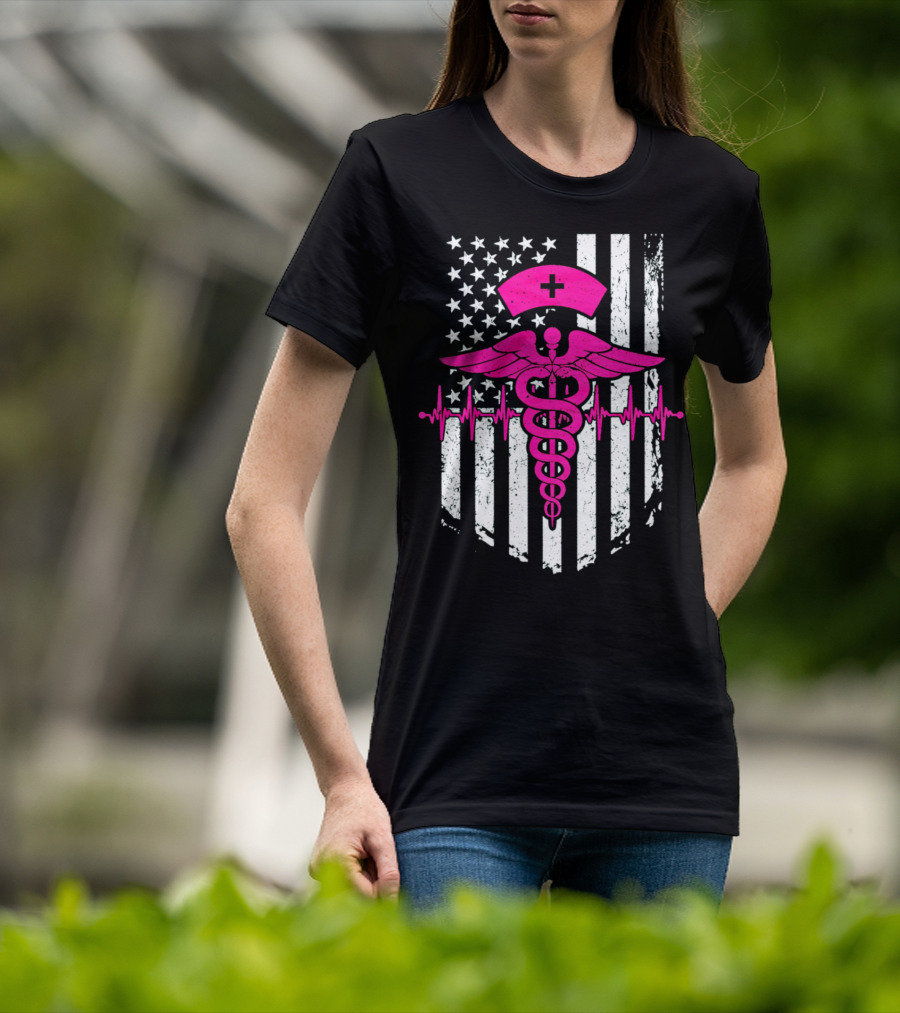 Nurse Pink Caduceus With USA Flag And Heartbeat T-Shirt