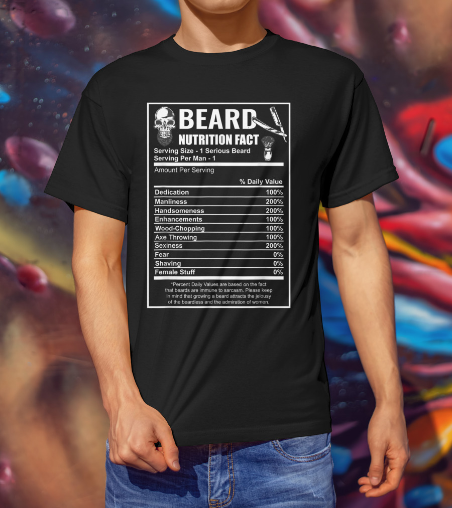 Beard Nutrition Facts Bearded Skull Serving Size Humor Men's Daily Values T-Shirt