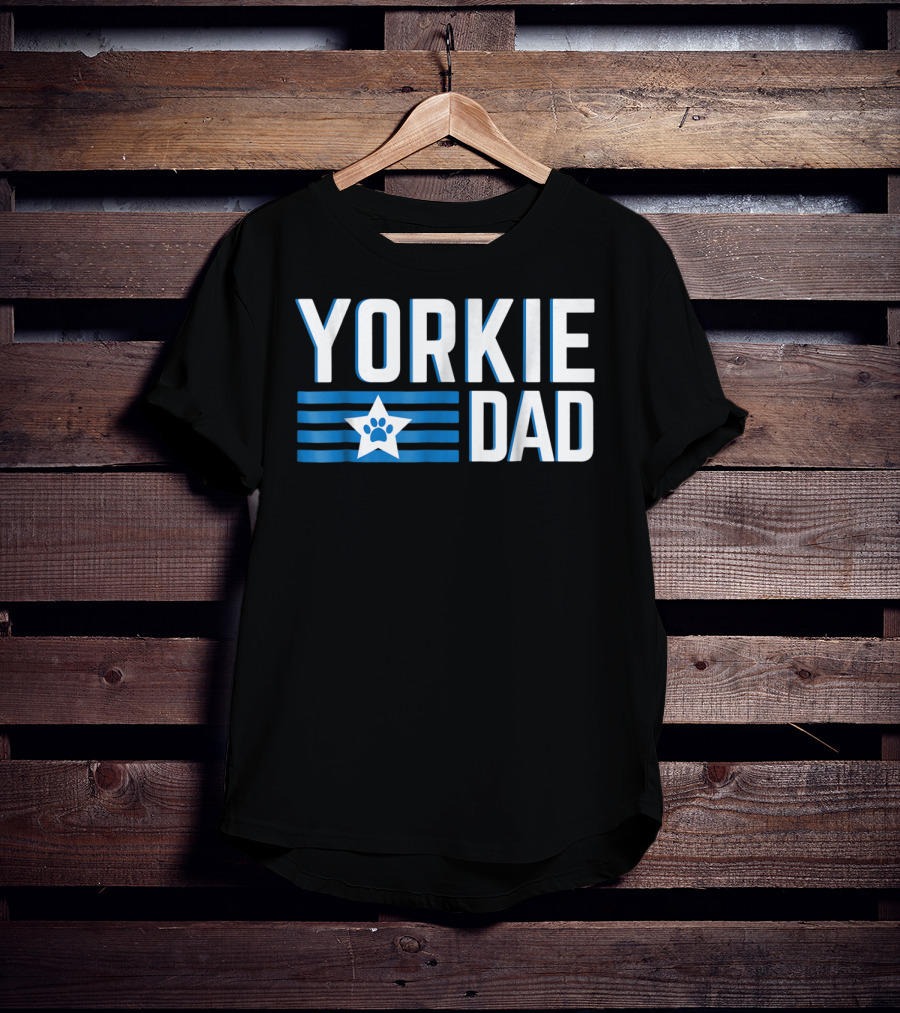 Yorkie Dad Yorkshire Terrier Dad Blue Paw Print Star T-Shirt