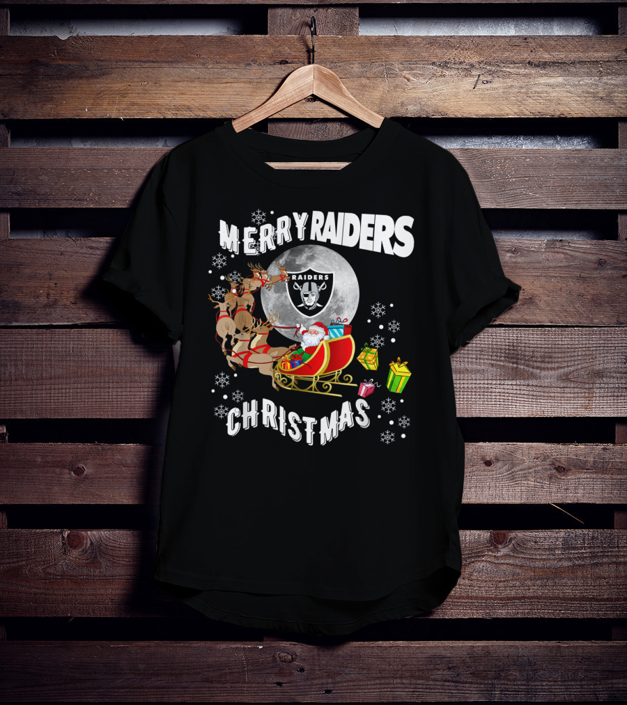Merry Raiders Christmas Santa Sleigh Snowflakes Reindeer Presents T-Shirt