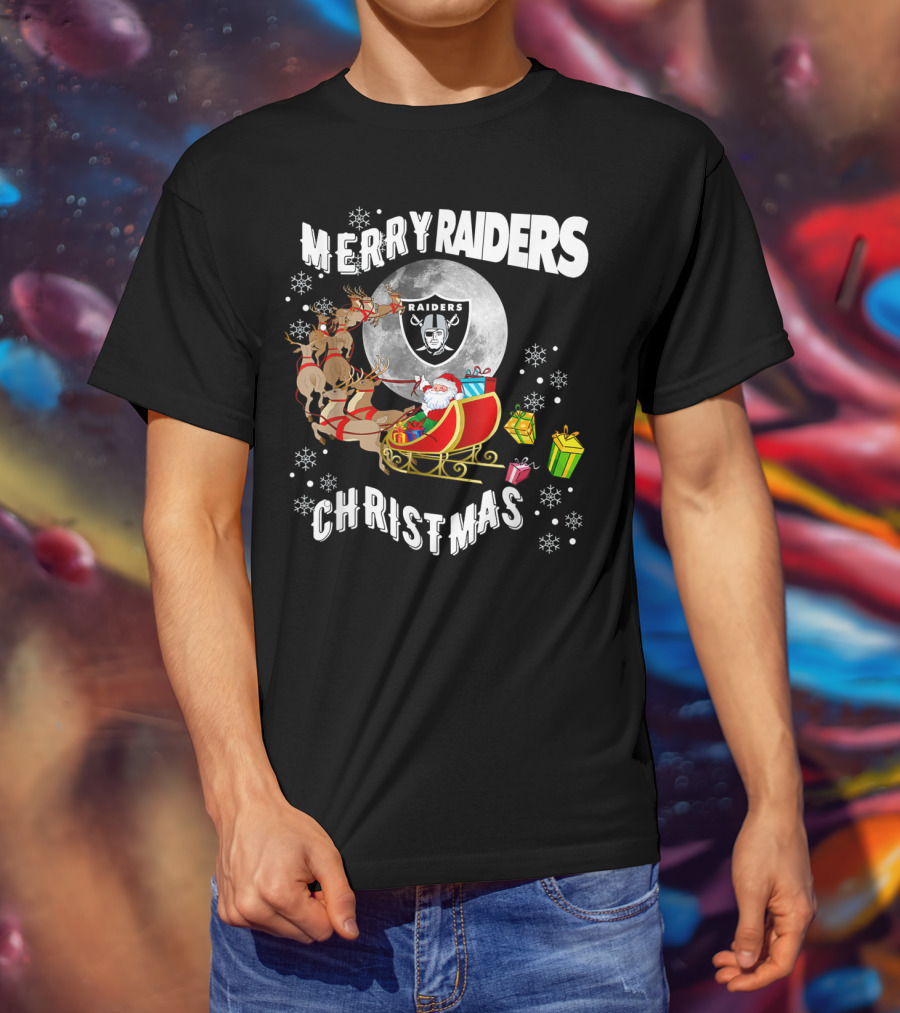 Merry Raiders Christmas Santa Sleigh Snowflakes Reindeer Presents T-Shirt