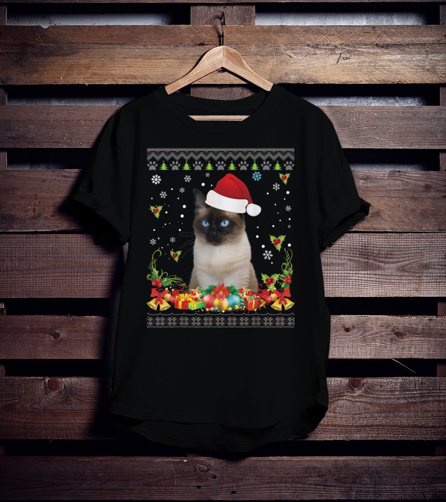 Merry Christmas Siamese Cat UglySweater Santa Hat Snowflake Ornaments T-Shirt