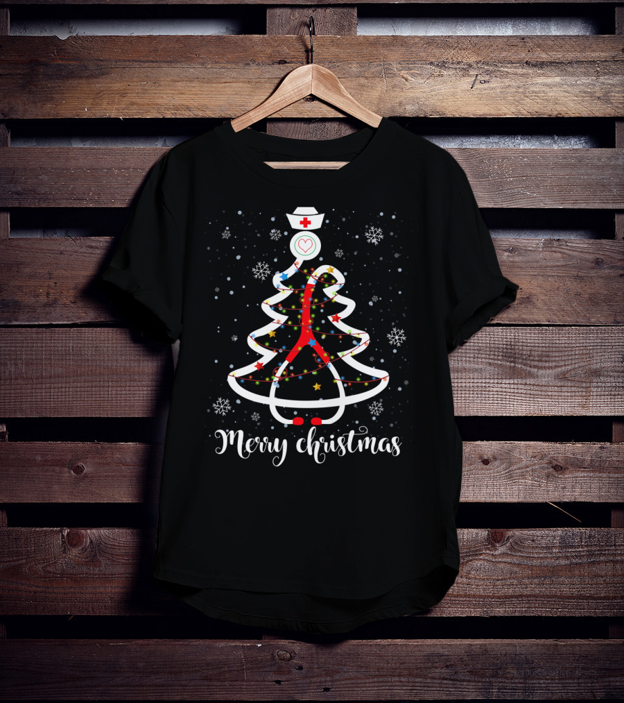 Merry Christmas Nurse Stethoscope Tree With Snowflakes And Stars T-Shirt