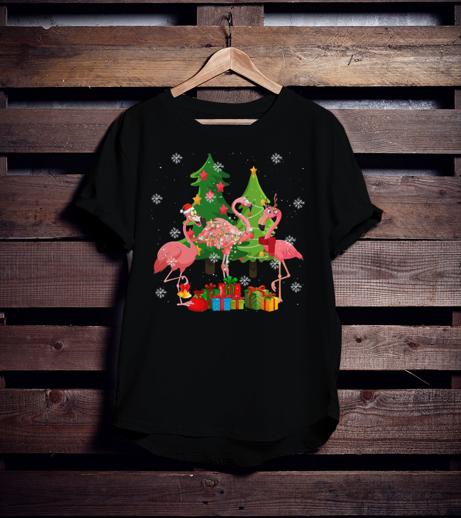 Merry Flocking Christmas Cute Flamingo Snowflake Presents T-Shirt