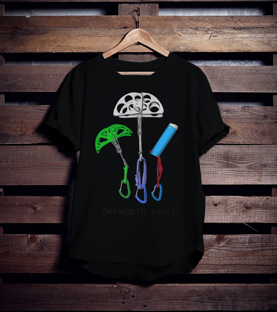 Offwidth Army Rock Climbing Gear Camming Devices And Nuts T-Shirt