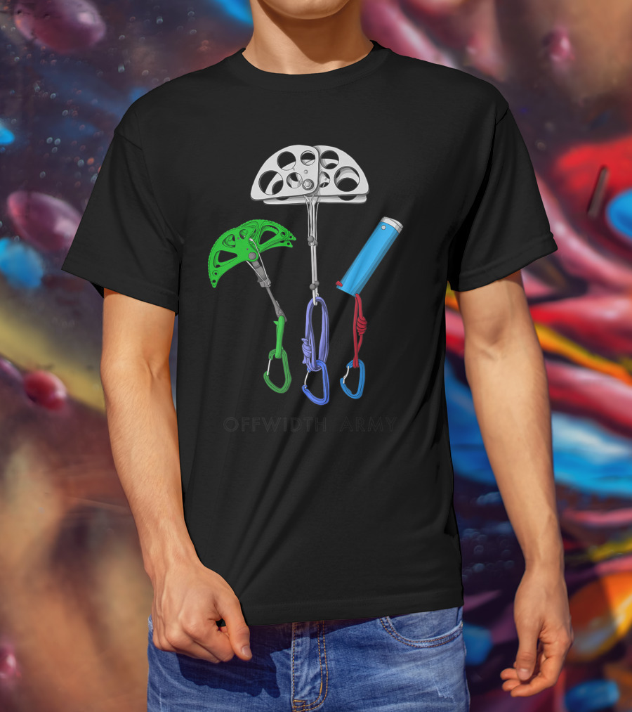 Offwidth Army Rock Climbing Gear Camming Devices And Nuts T-Shirt