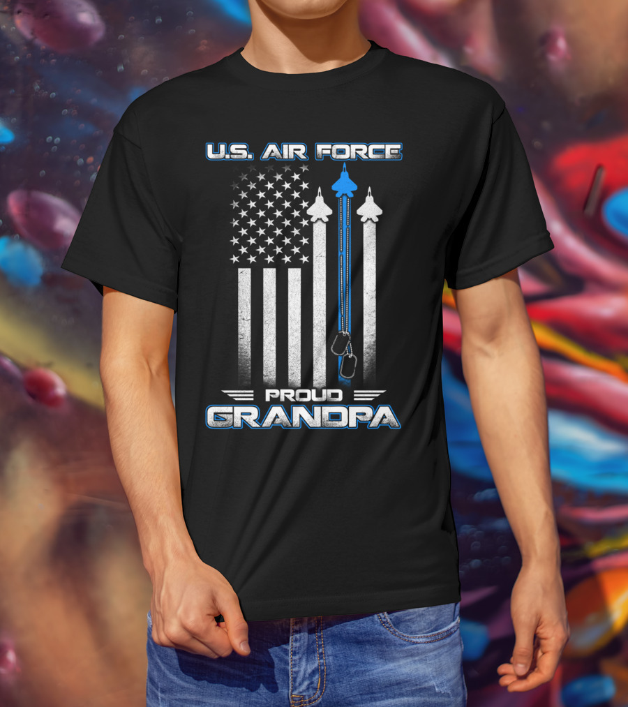 U.S. Air Force Proud Grandpa Flag And Fighter Jets With Dog Tags T-Shirt