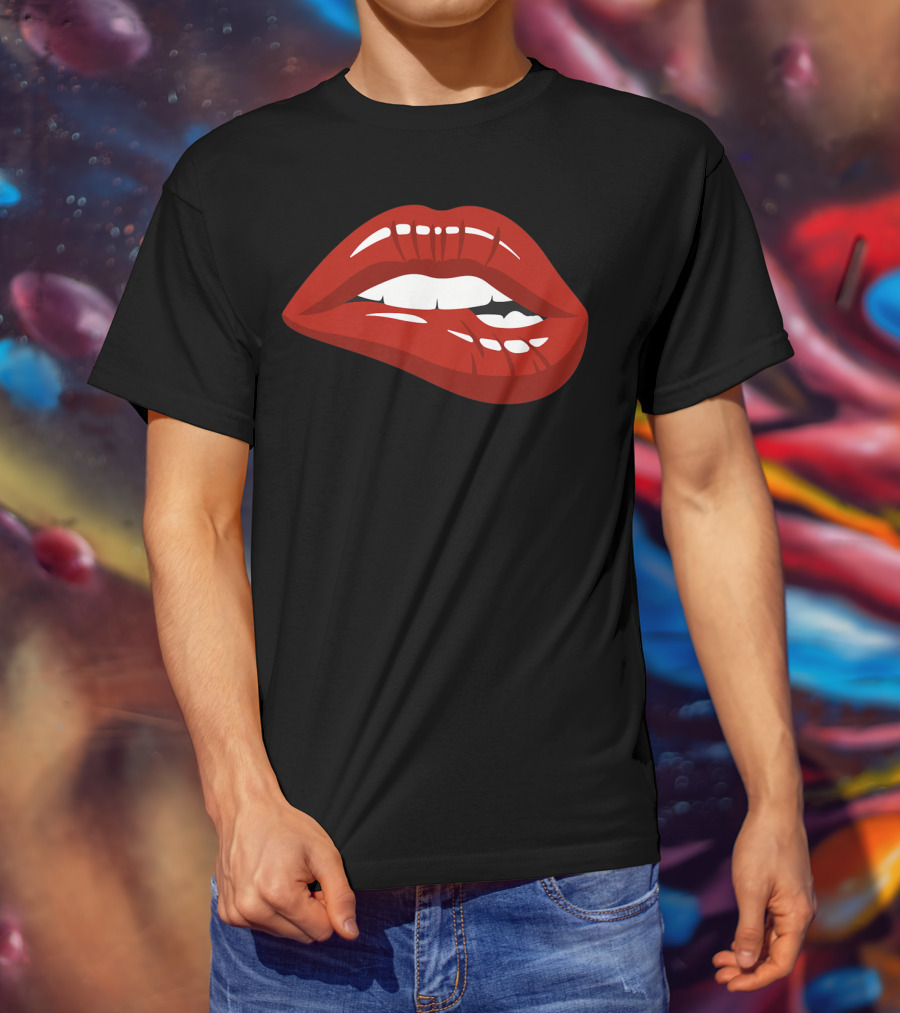 Red Lips Biting Lipstick Makeup Iconic Red Pout T-Shirt