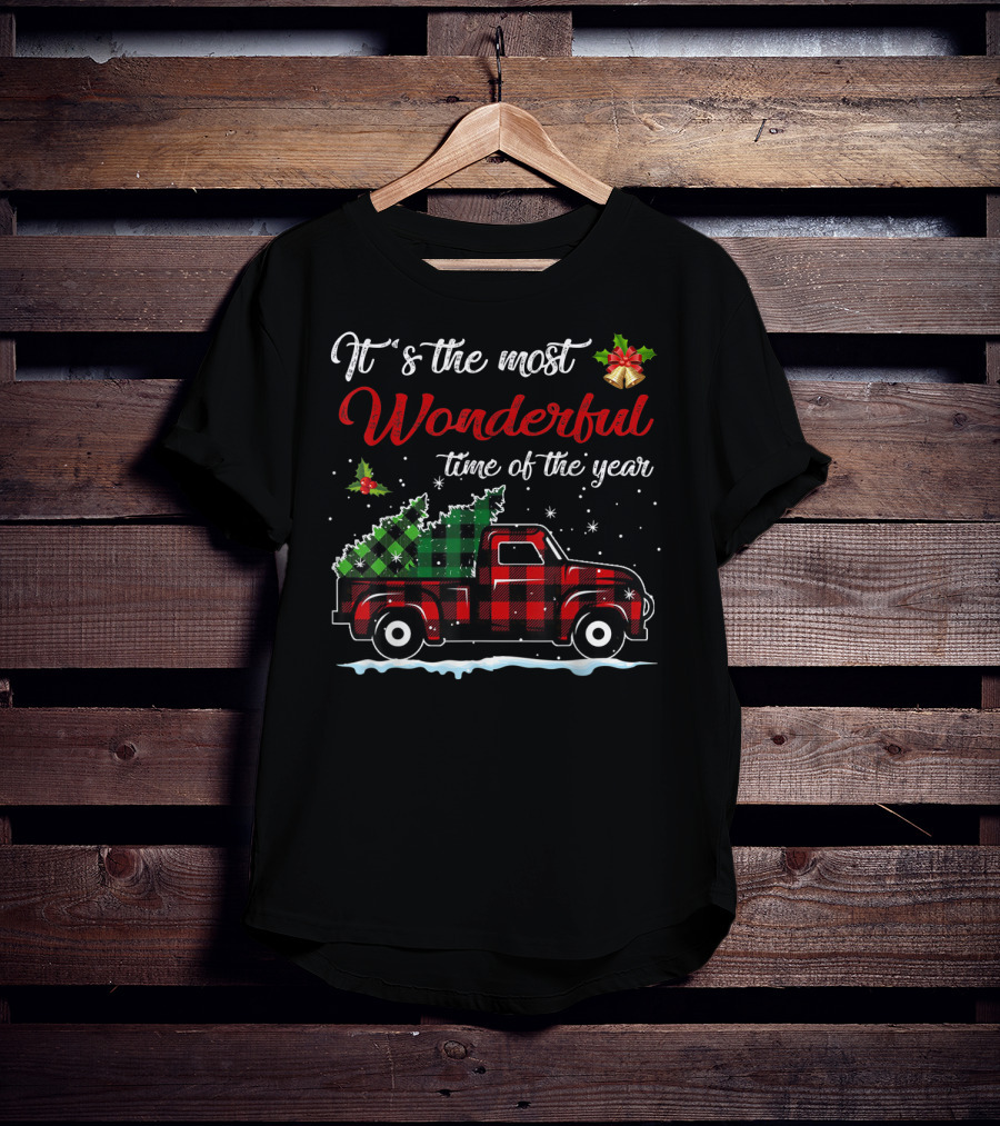 It's The Most Wonderful Time Of The Year Red Plaid Truck And Christmas Tree Decorations T-Shirt