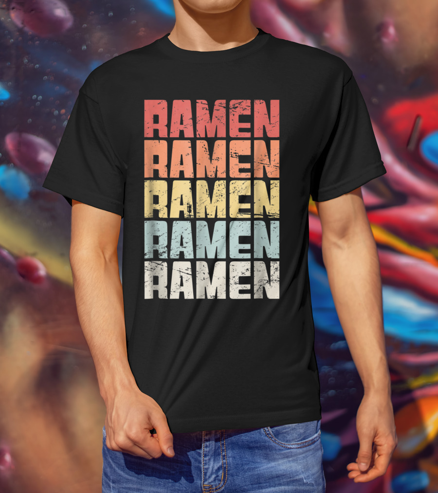 Retro Distressed Multicolor Ramen Repeated Text T-Shirt