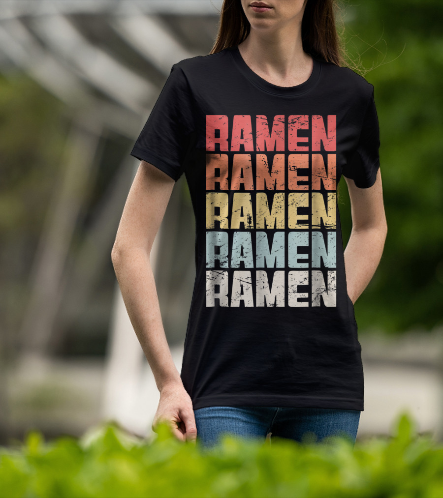 Retro Distressed Multicolor Ramen Repeated Text T-Shirt