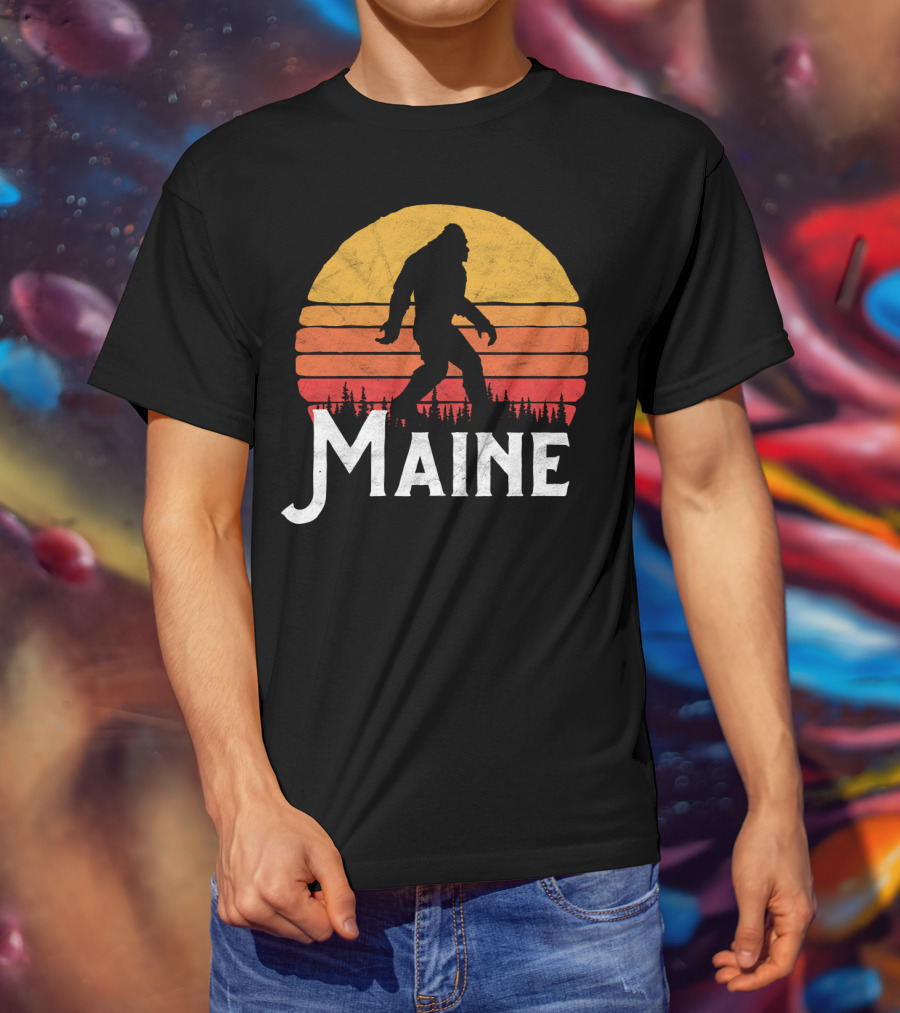 Maine Bigfoot Silhouette Retro Sun Believe T-Shirt