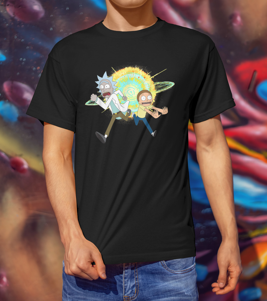 Rick And Morty Running From A Portal Explosion T-Shirt