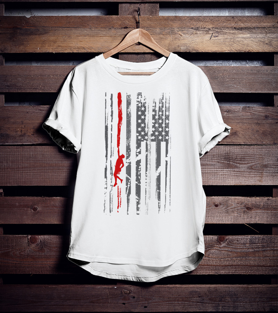 Rock Climbing Silhouette On American Flag Stripes And Stars T-Shirt
