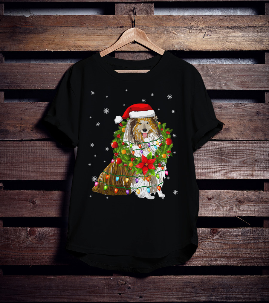Santa Collie Dog Wrapped In Christmas Lights And Festive Garland T-Shirt