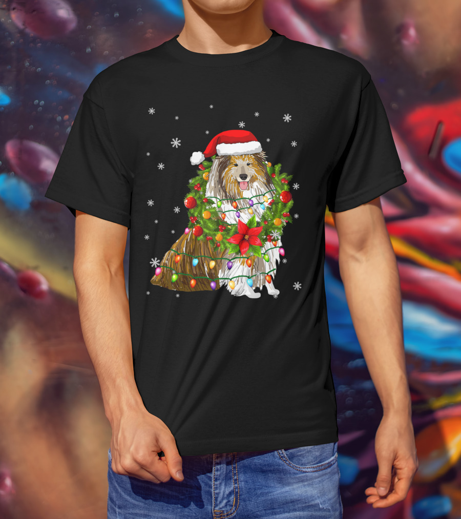 Santa Collie Dog Wrapped In Christmas Lights And Festive Garland T-Shirt