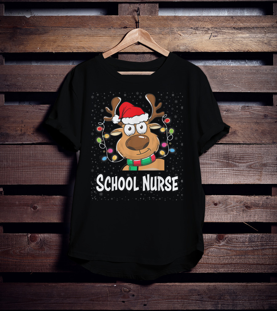 Santa Reindeer School Nurse Festive Christmas Lights T-Shirt