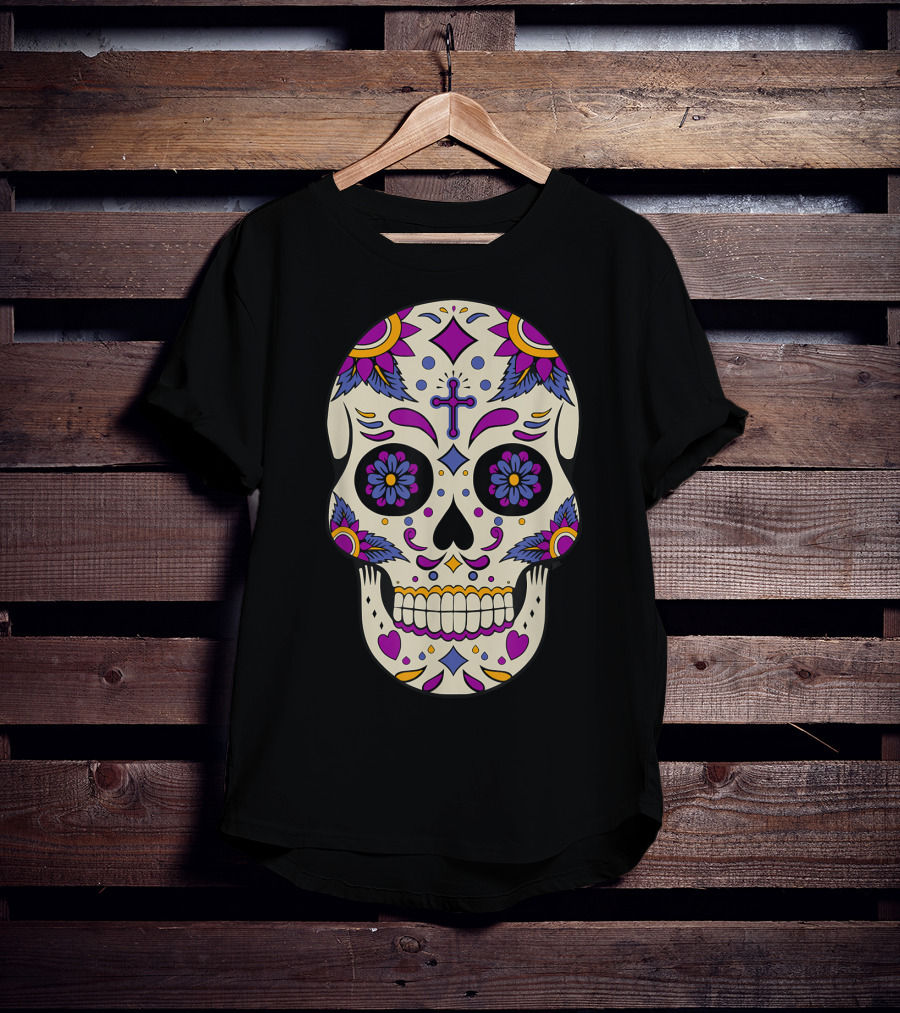 Sugar Skull Day Of The Dead Halloween Dia De Los Muertos Colorful Cross Floral T-Shirt