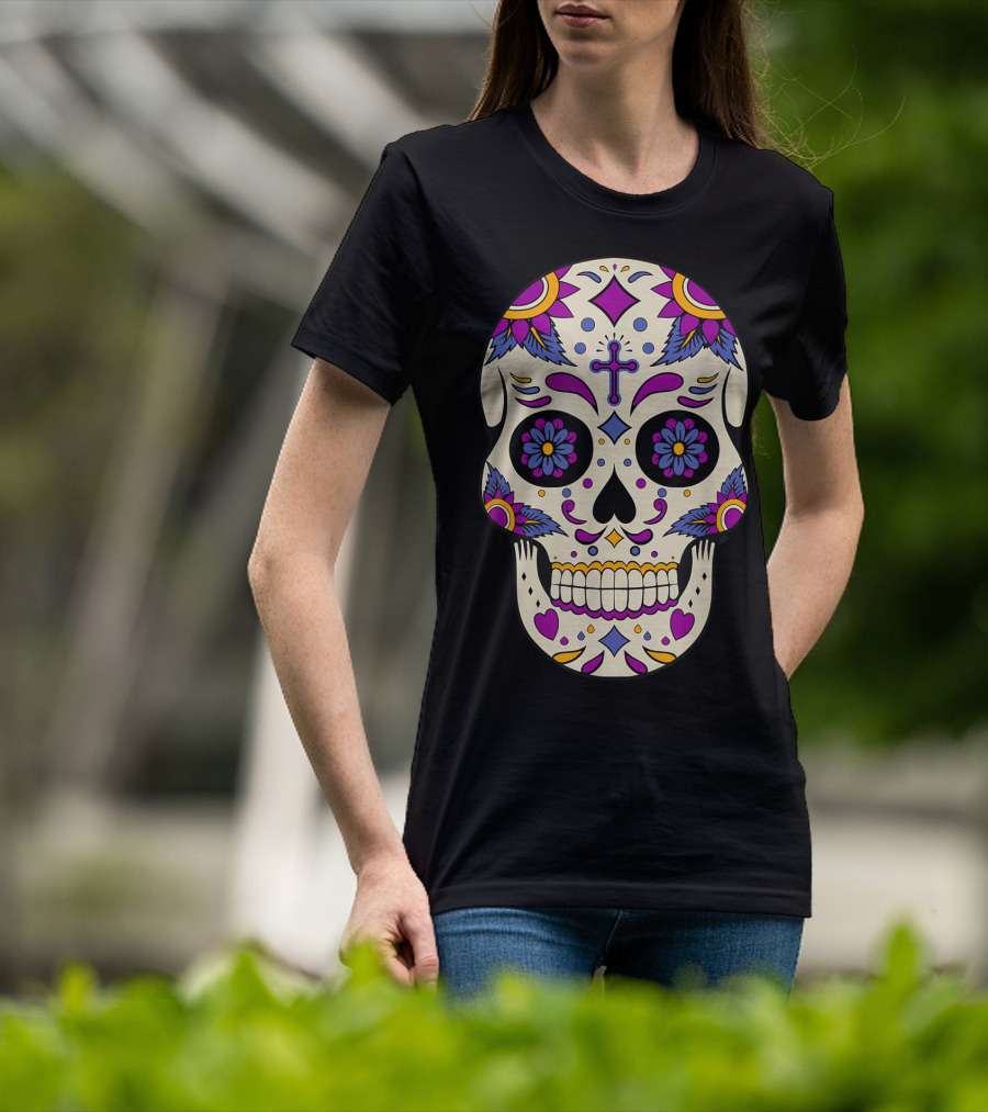 Sugar Skull Day Of The Dead Halloween Dia De Los Muertos Colorful Cross Floral T-Shirt